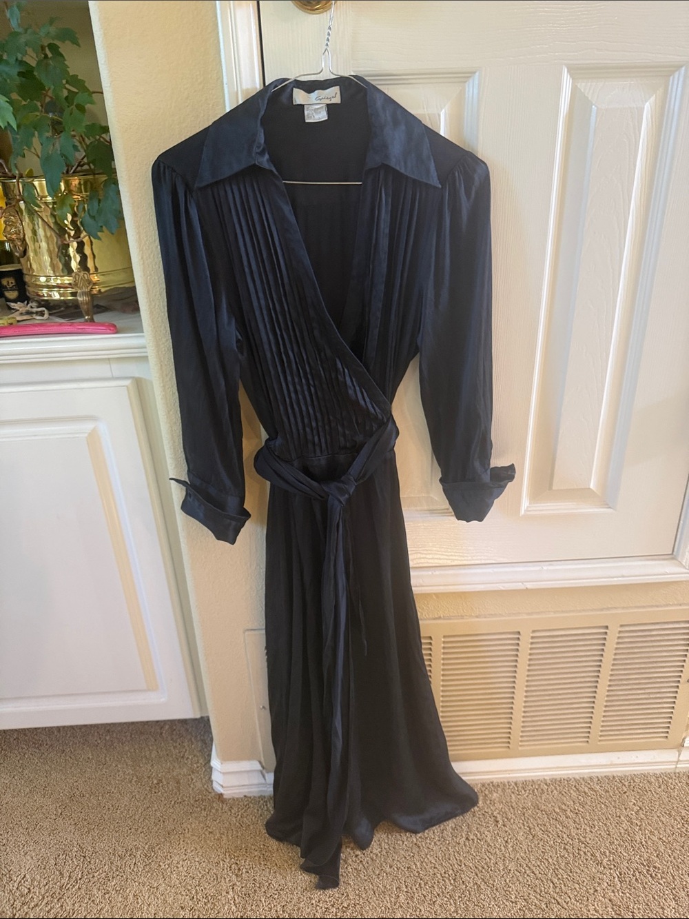 Black 100% Silk Wrap Midi Dress with Pleated Bodice and tie evening dress outfit